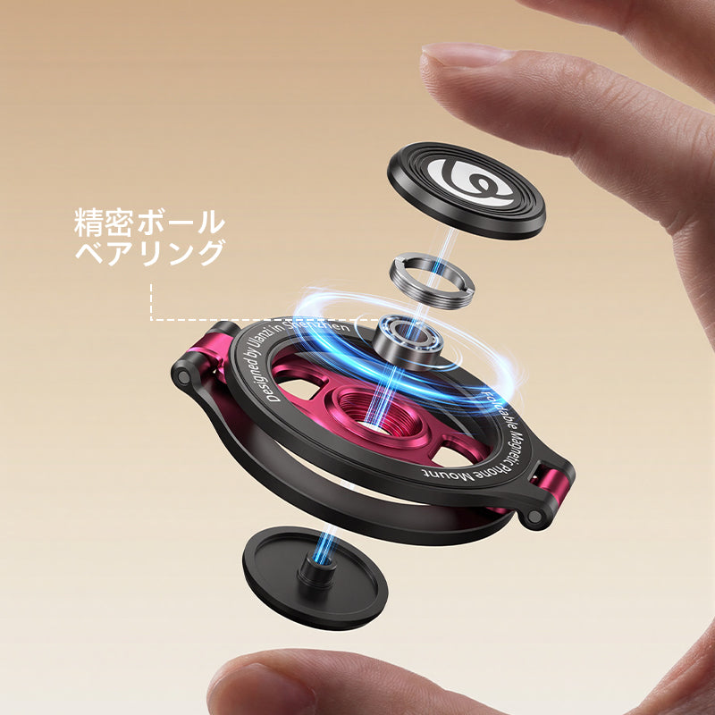 Ulanzi デュアルマグネットリング式スマホスタンドの磁力16Nと金属面への取り付けイメージ